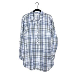 J. Jill Love Linen Blue Green Plaid Popover Shirt Top 100% Linen Women's Size S